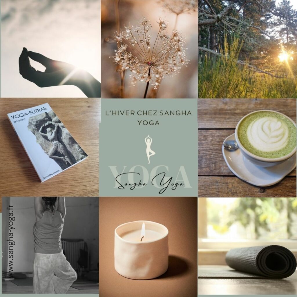 Mosaique de photos decrivant l'esprit de Yoga en hiver chez Sangha Yoga. Par exemple, un livre des Yoga Sutra, une postures de Yoga, une tasse de matcha latte, une bougie, un tapis de Yoga